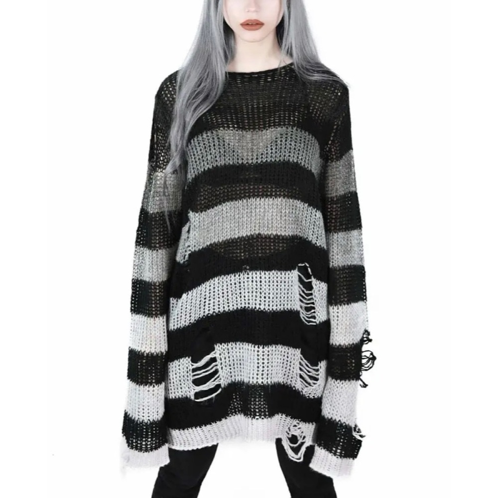 Killstar Grady Knit Striped Ombré Distressed Sweater